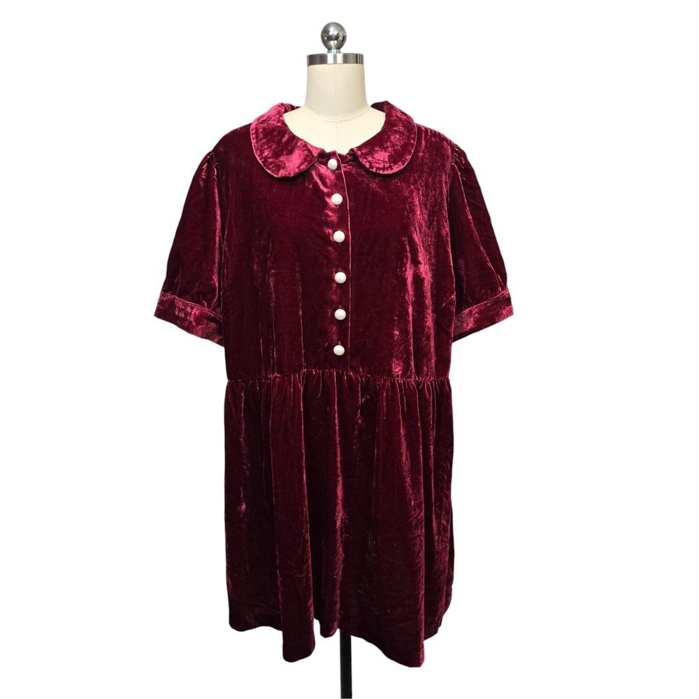ModCloth Velvet Peter‎ Pan Collar Dress Burgundy Womens Plus Size 26W Babydoll - Picture 2 of 10